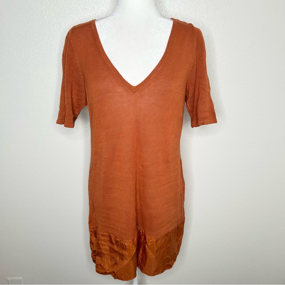 Soft Surroundings Womens Rust Orange Linen V-Neck Tunic Top Silk Trim Size M